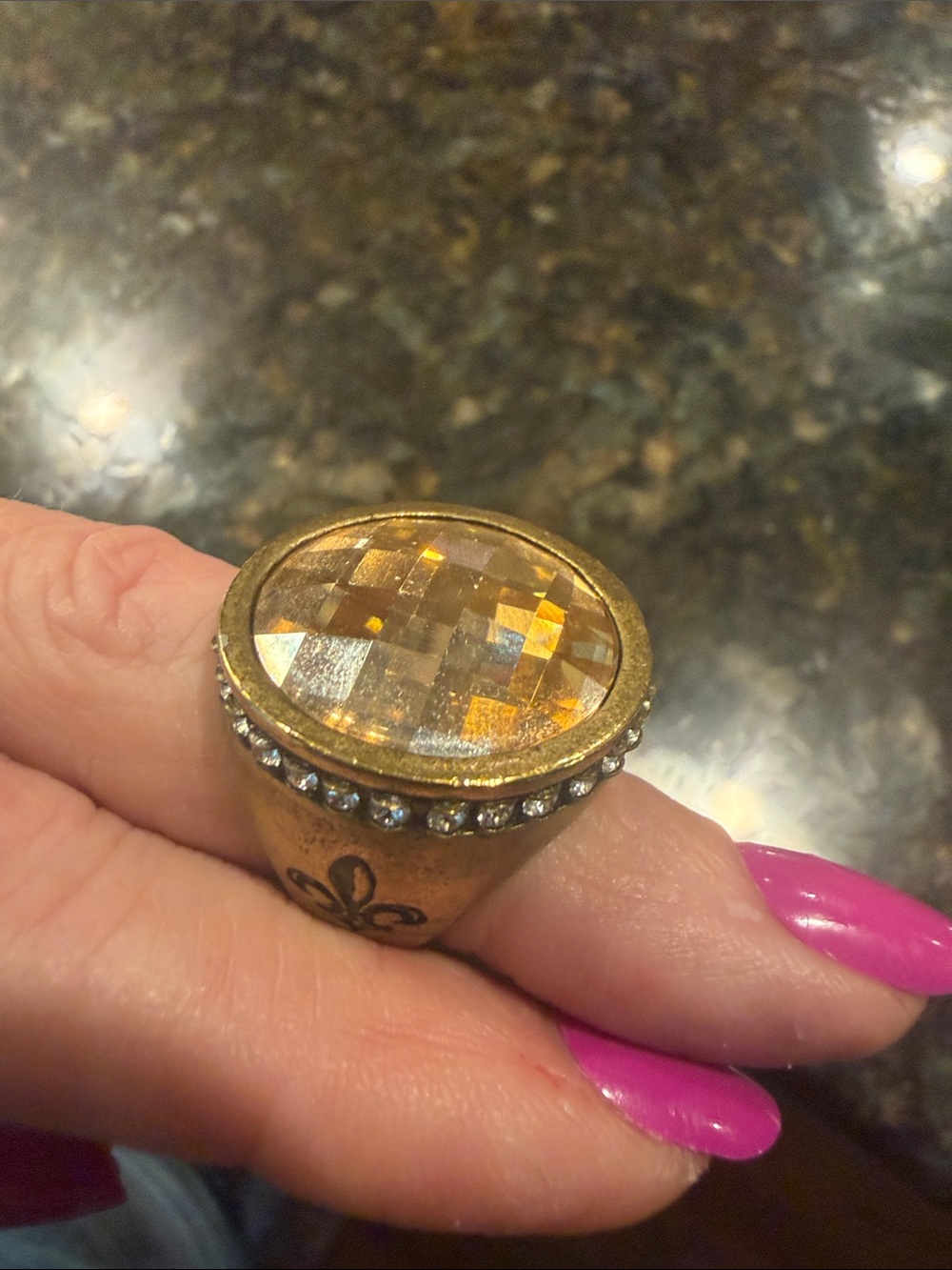 French Kande Gold-Tone Amber Crystal Cocktail Ring